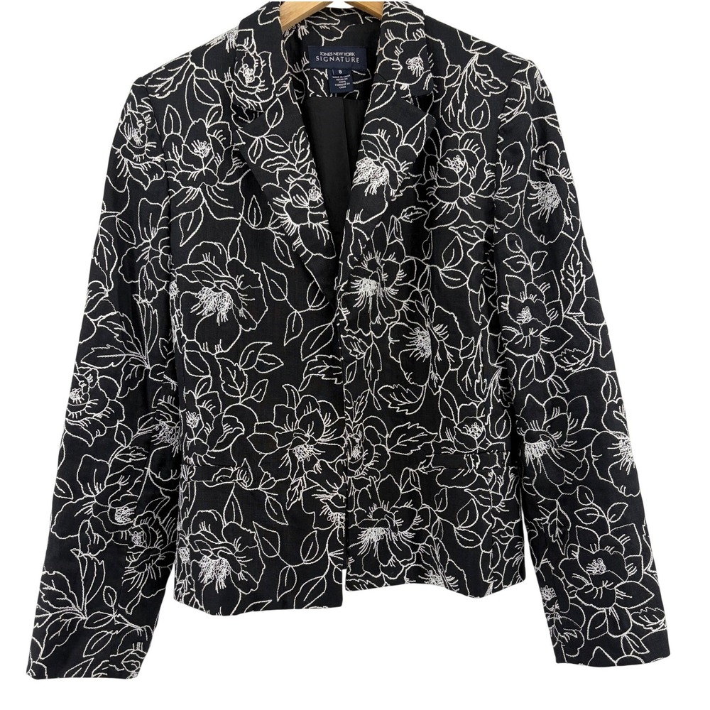 Jones New York Signature Womens 8 Black White Floral Embroidered Linen Blazer - Picture 1 of 8